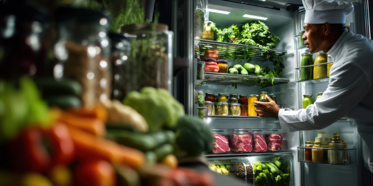 Organized commercial refrigerator shelves with labeled food containers for restaurant food safety