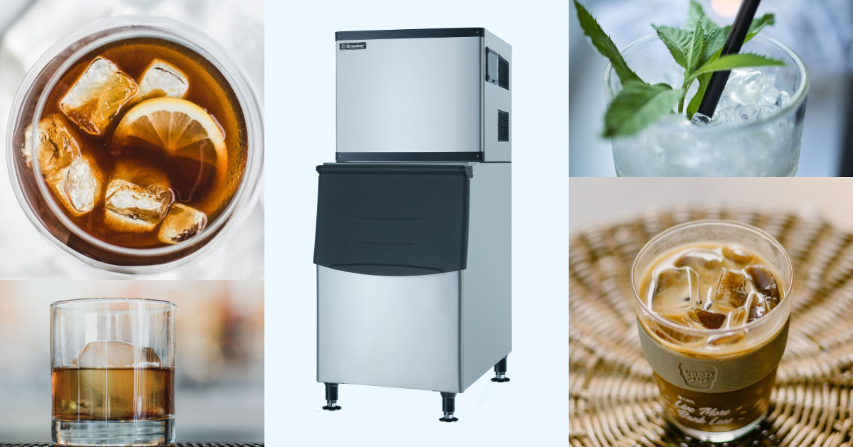 Commercial ice machine comparison showing air cooled and water cooled equipment options