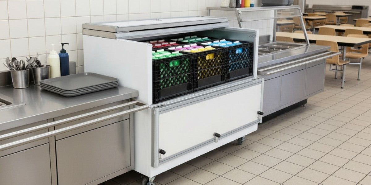 School cafeteria refrigerated milk cooler designed for faster student lunch service