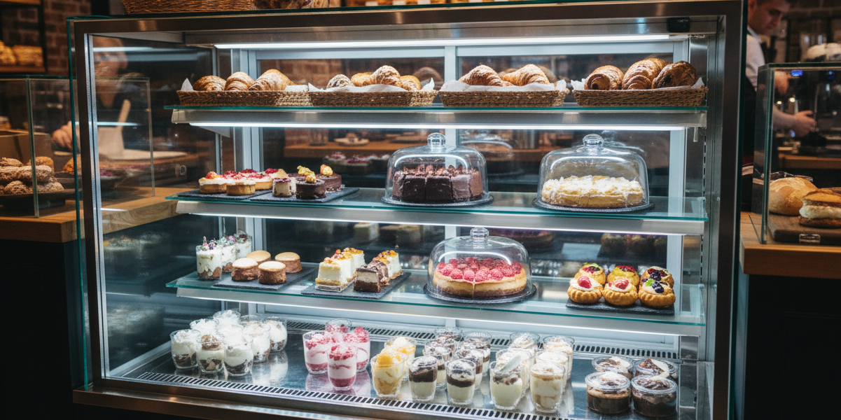 Bakery pastry display case with refrigerated shelves showcasing cakes and baked goods