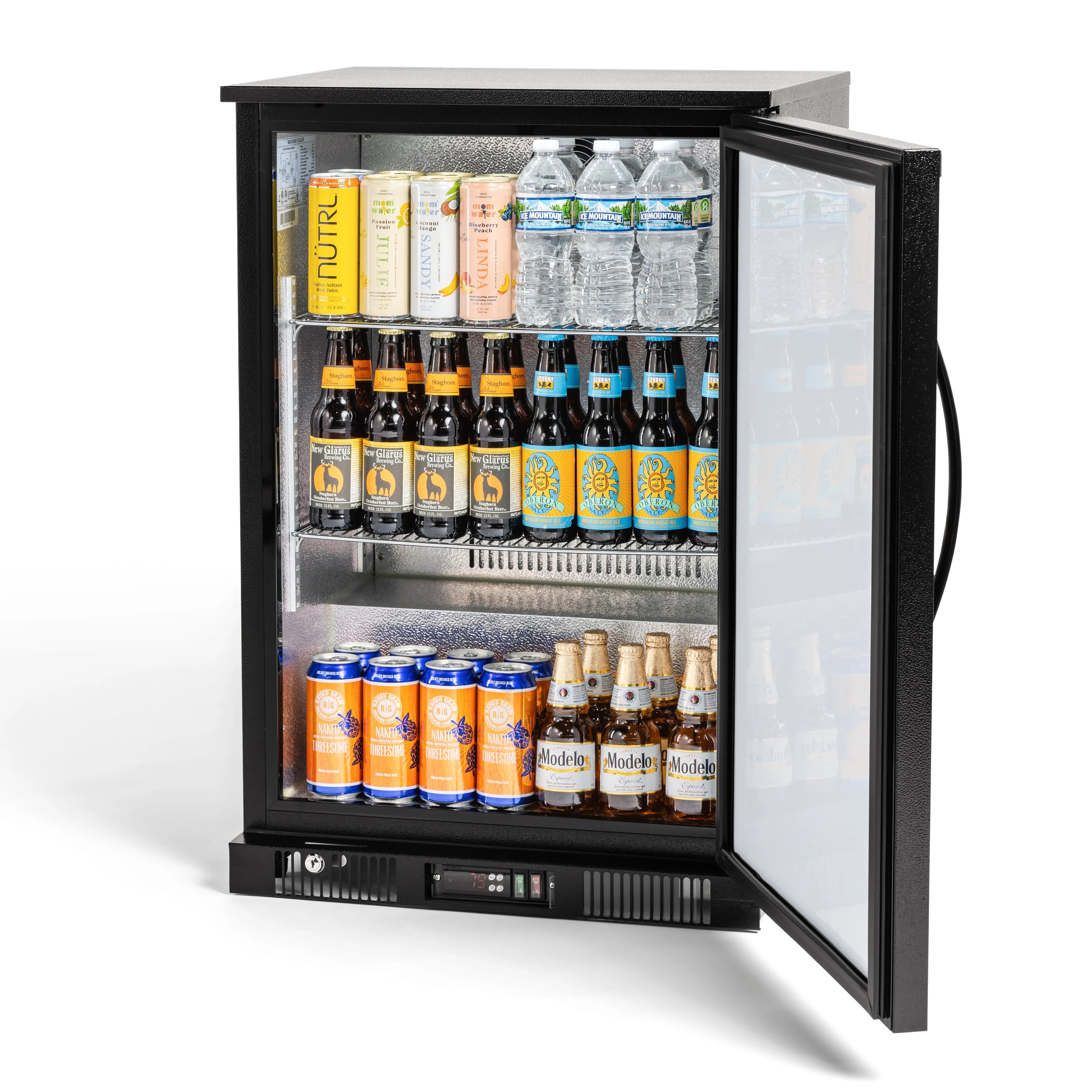 Beverage cooler with drinks including bottles and cans on a white background