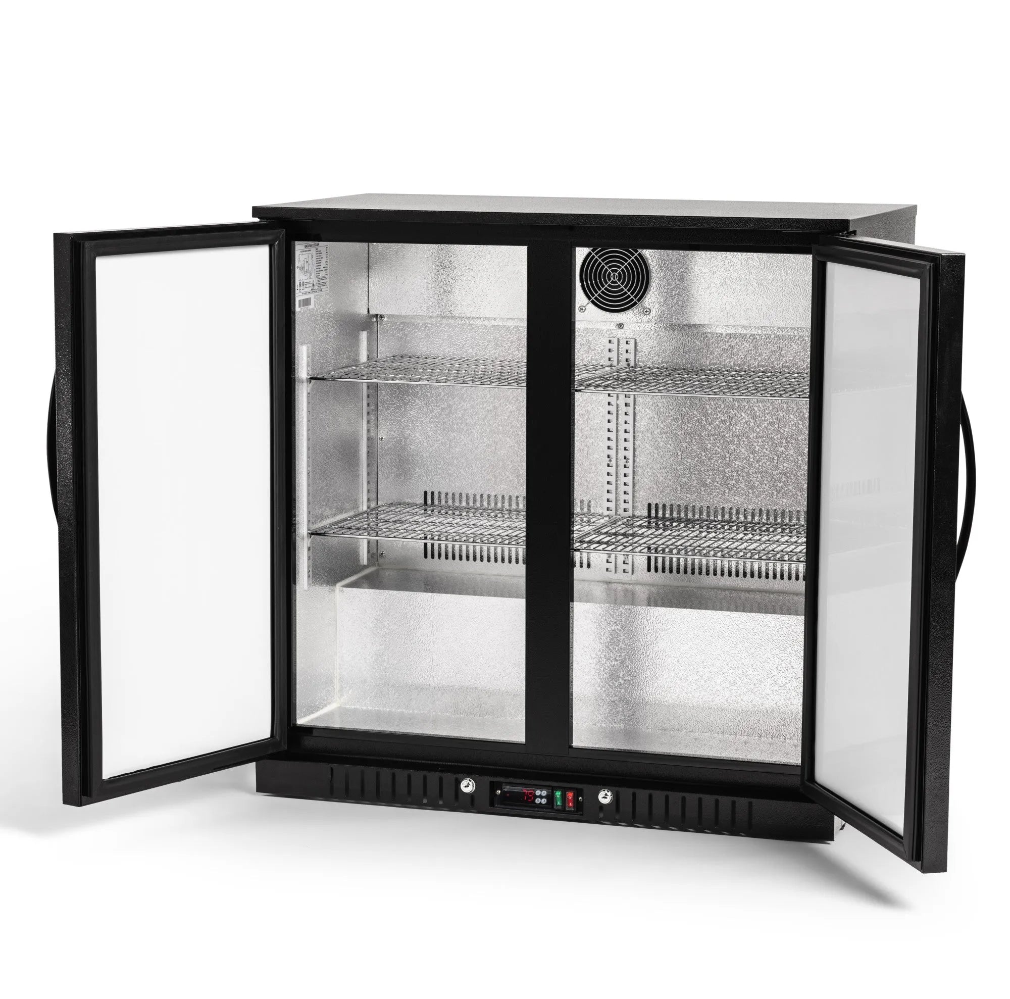 Glass-fronted display case with black frame on a white background