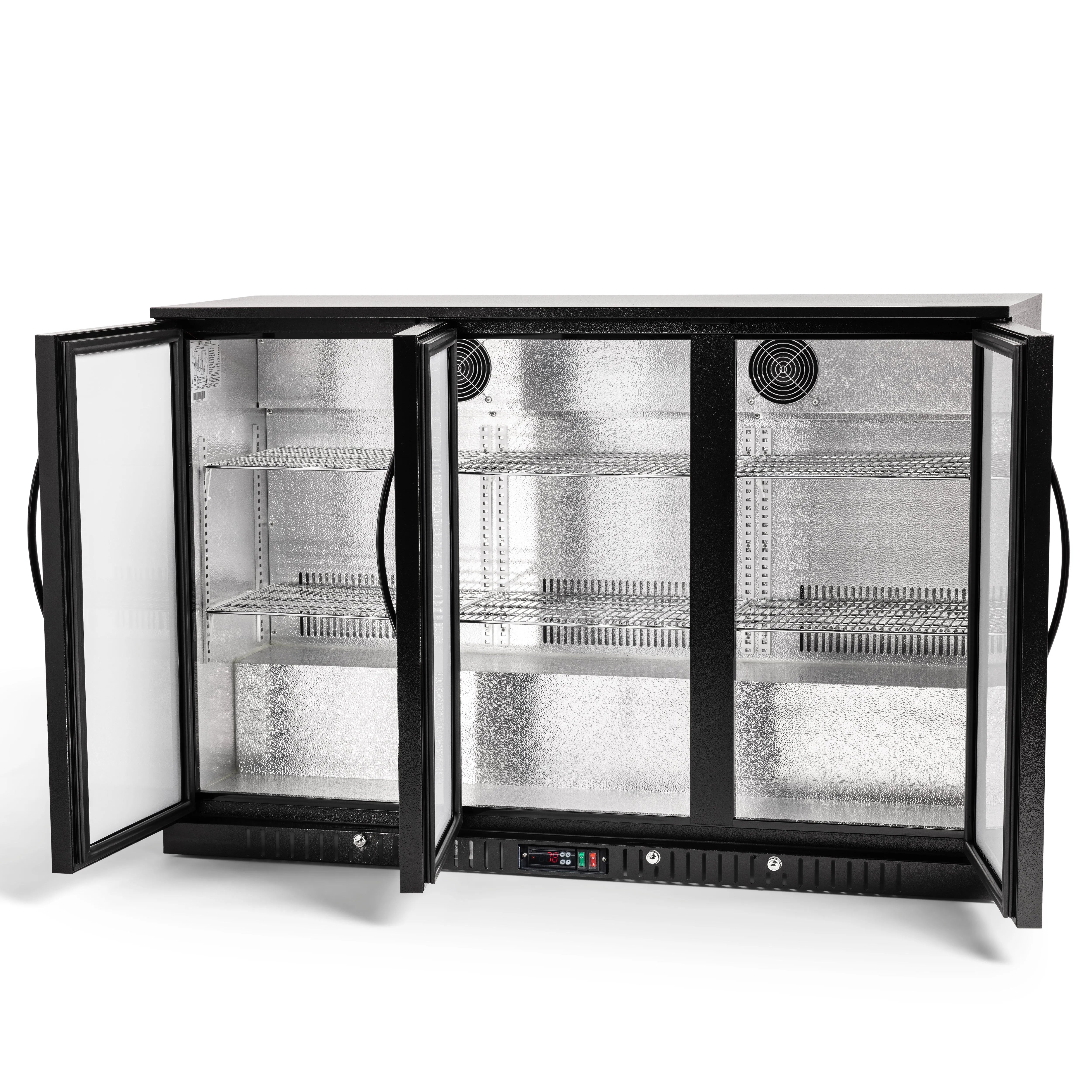 Commercial refrigerator with glass doors on a white background