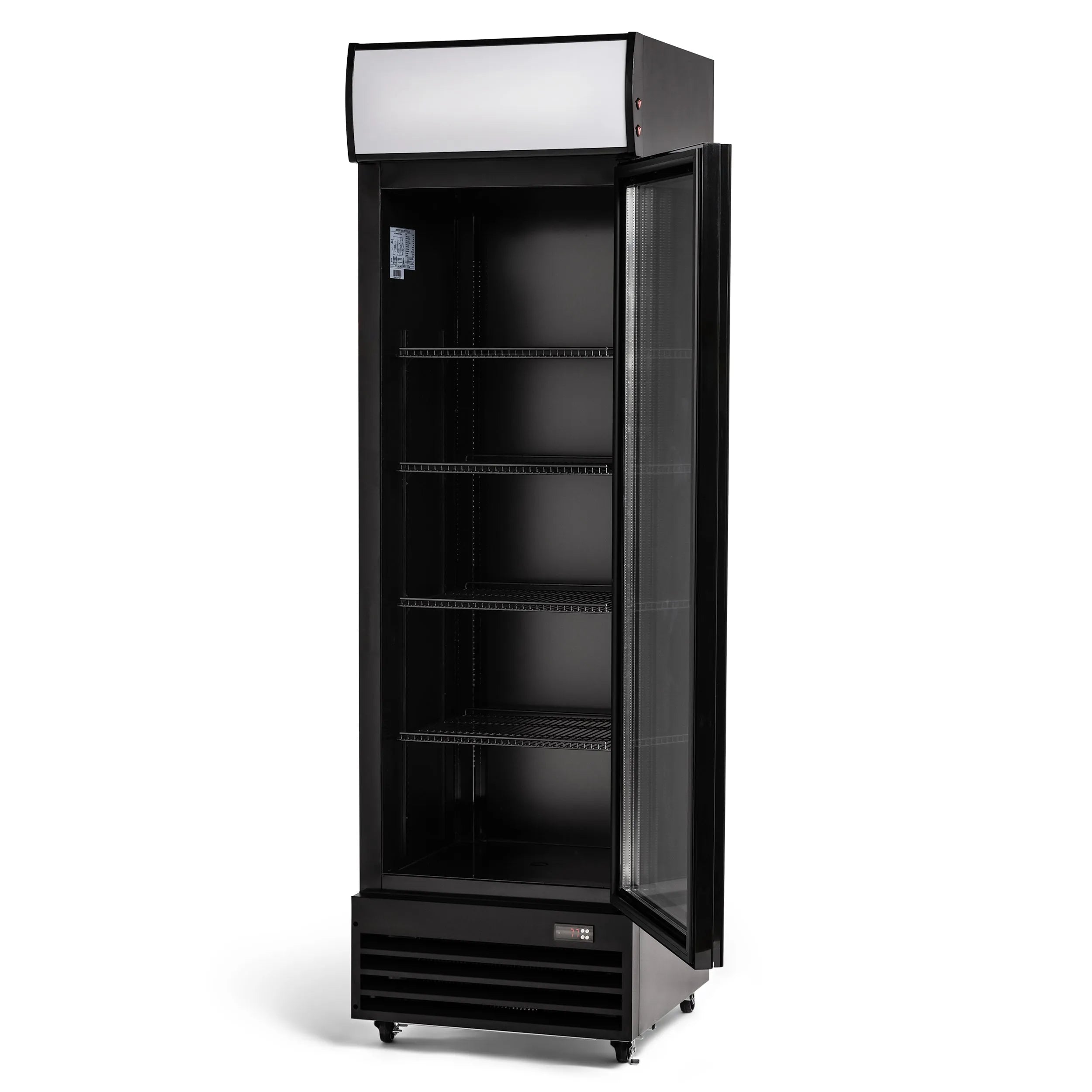 Black glass-fronted refrigerator on a white background