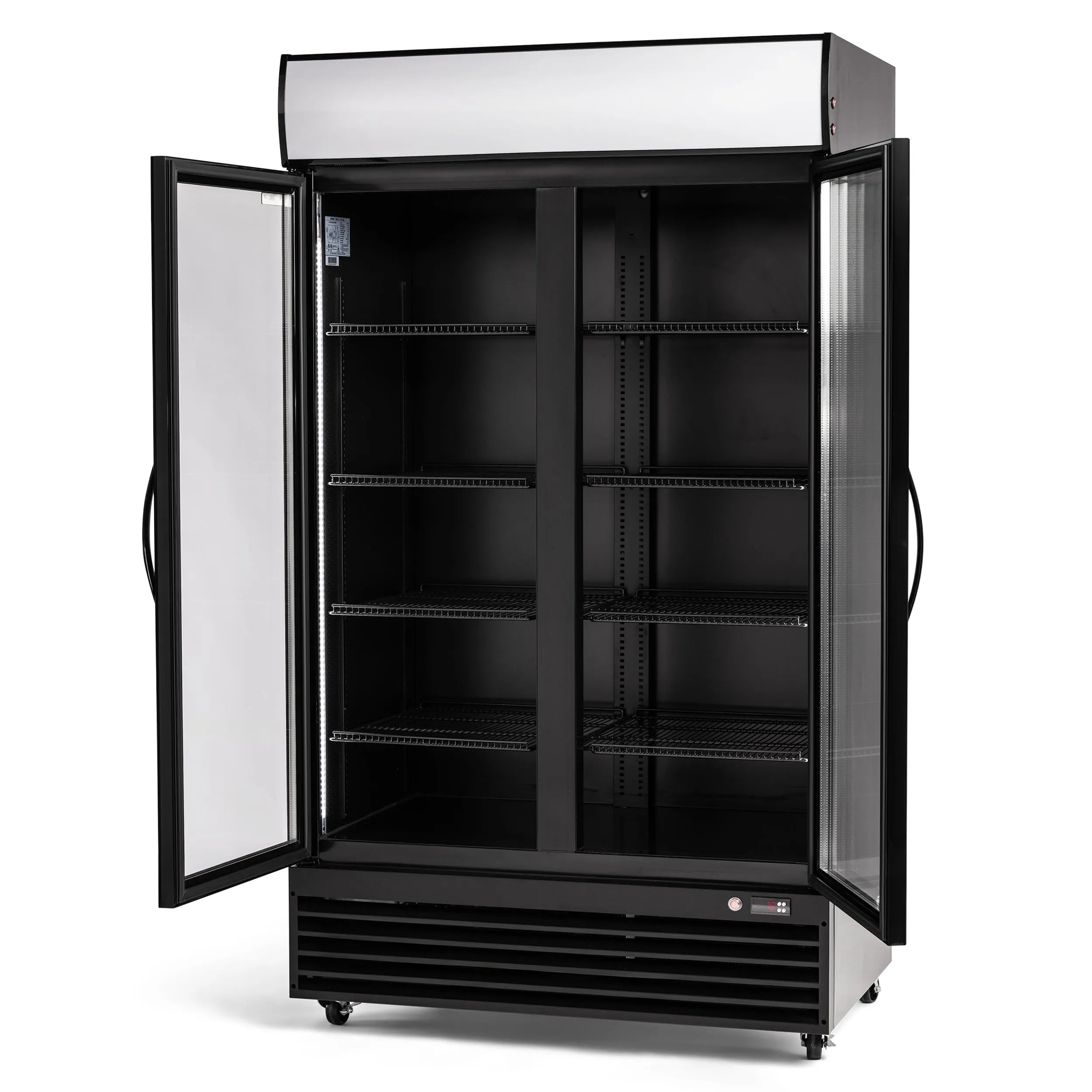 Black commercial refrigerator with glass doors on a white background