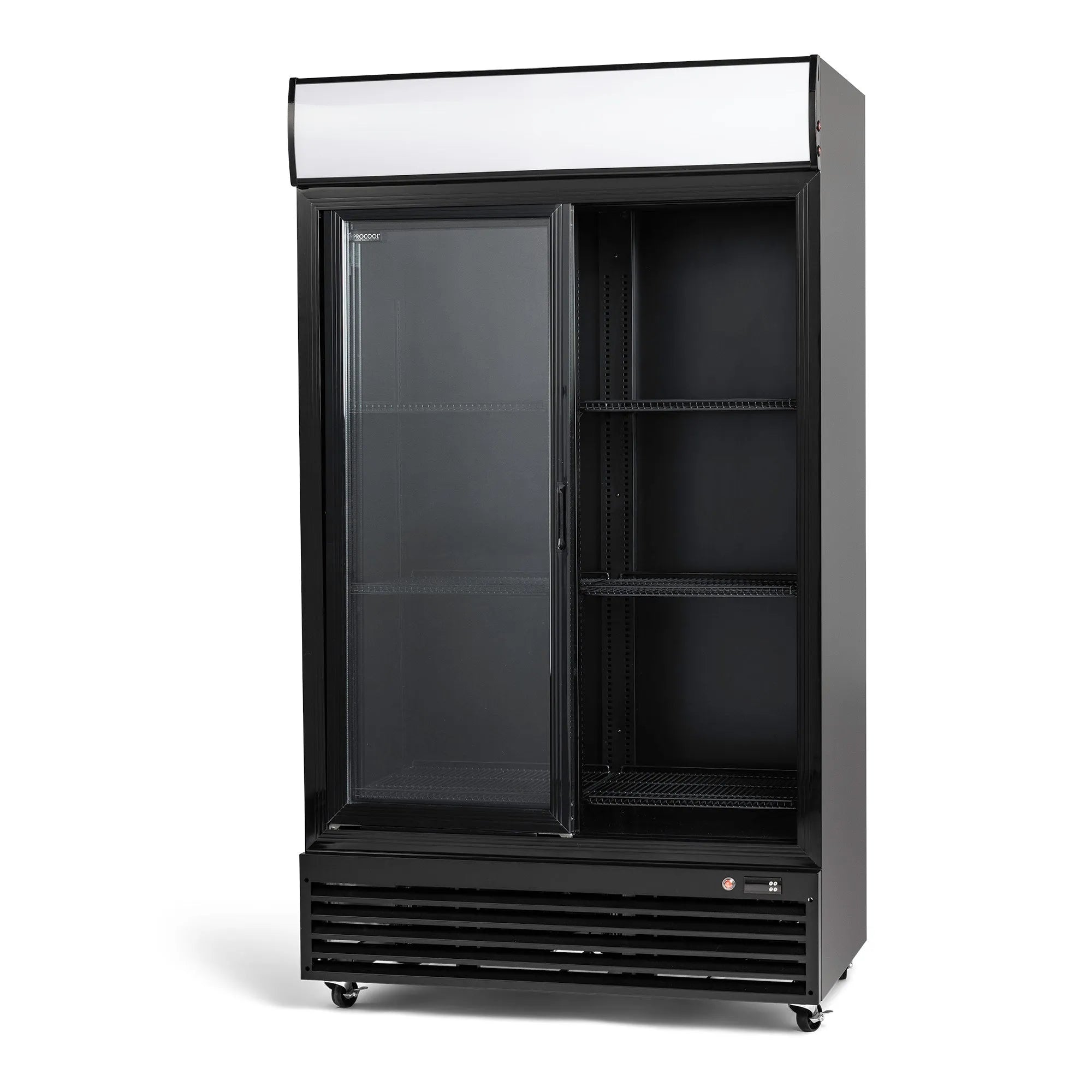 Black commercial refrigerator with glass door on a white background