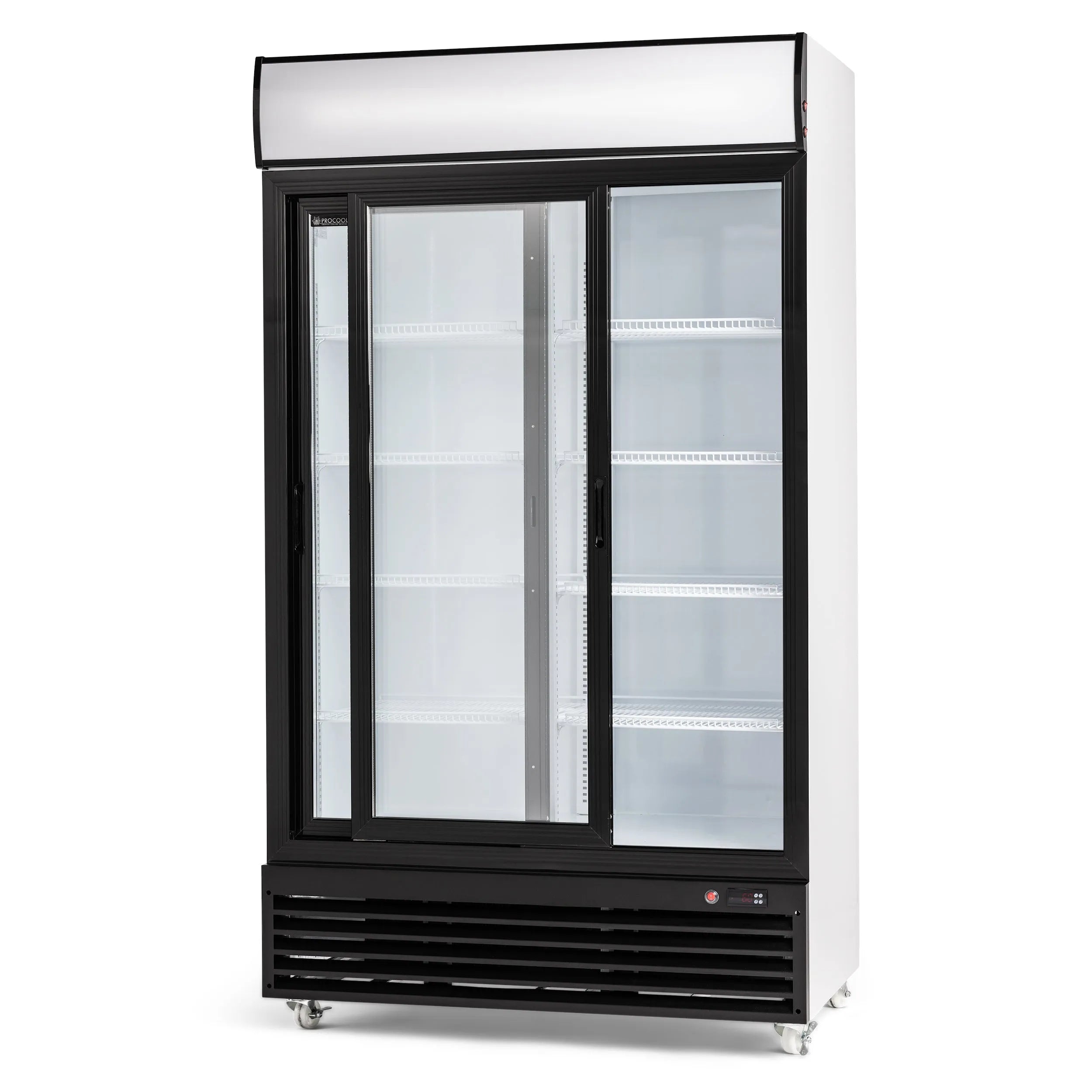 Commercial refrigerator with glass doors on a white background