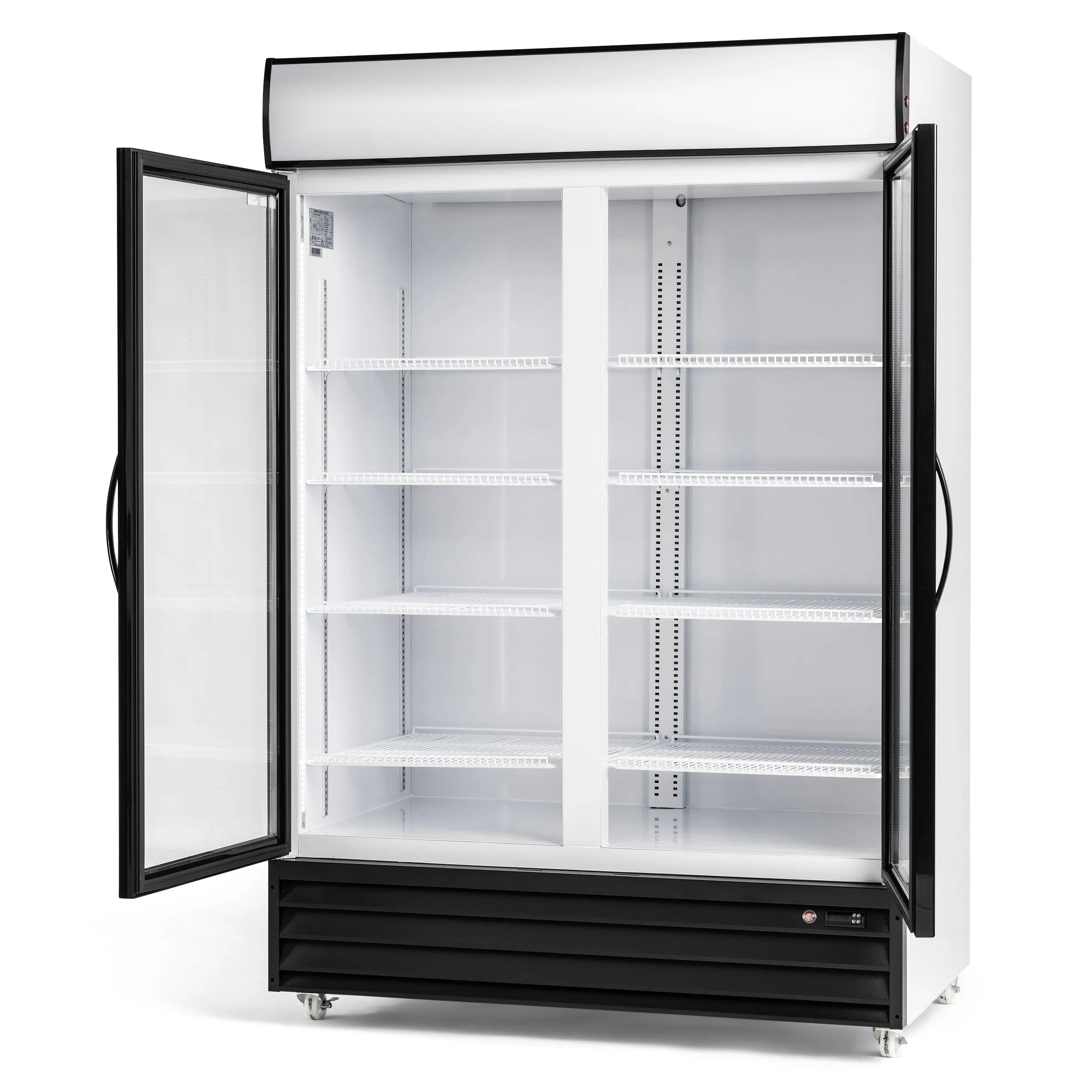 Commercial cooler with glass doors on a white background