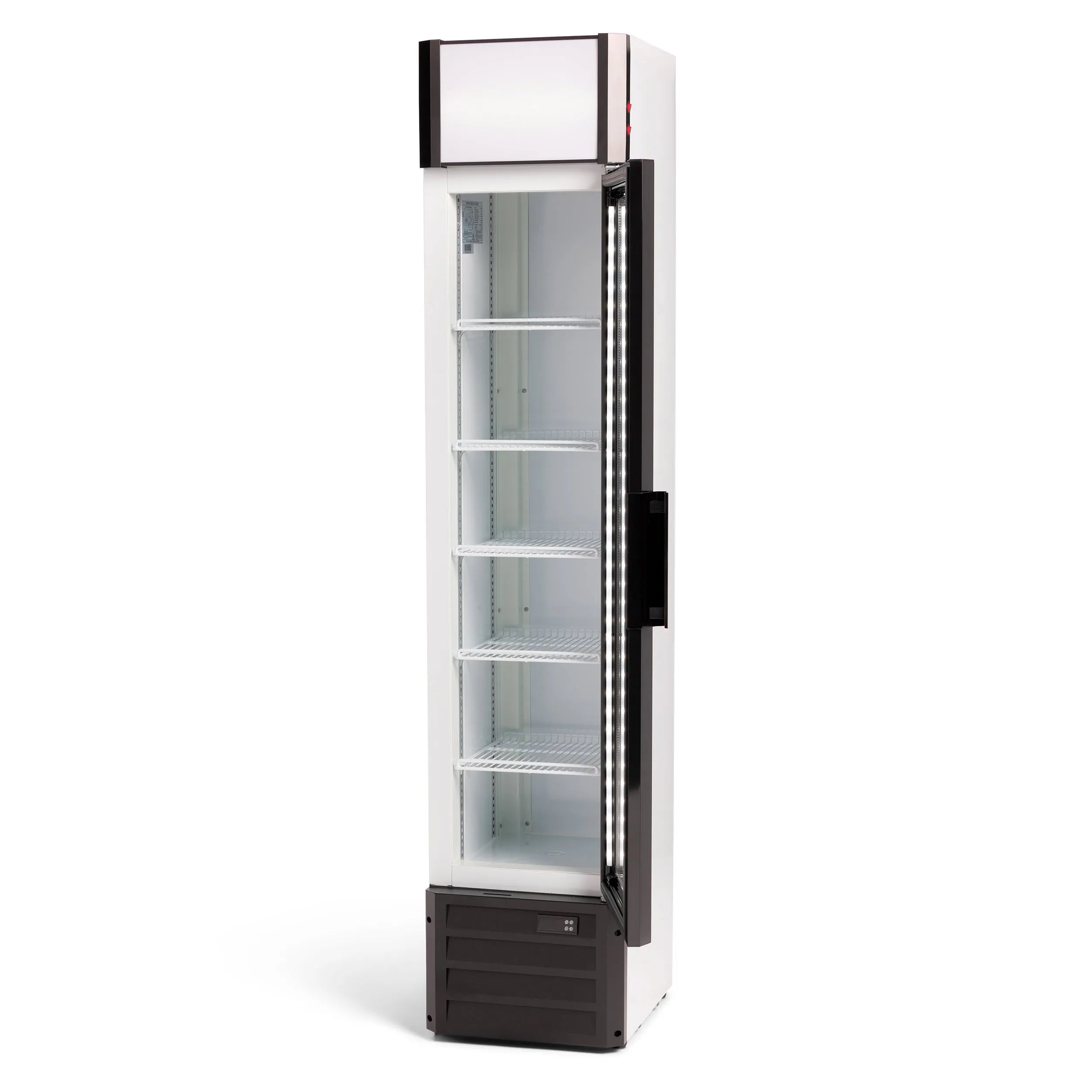Tall glass-fronted refrigerator on a white background