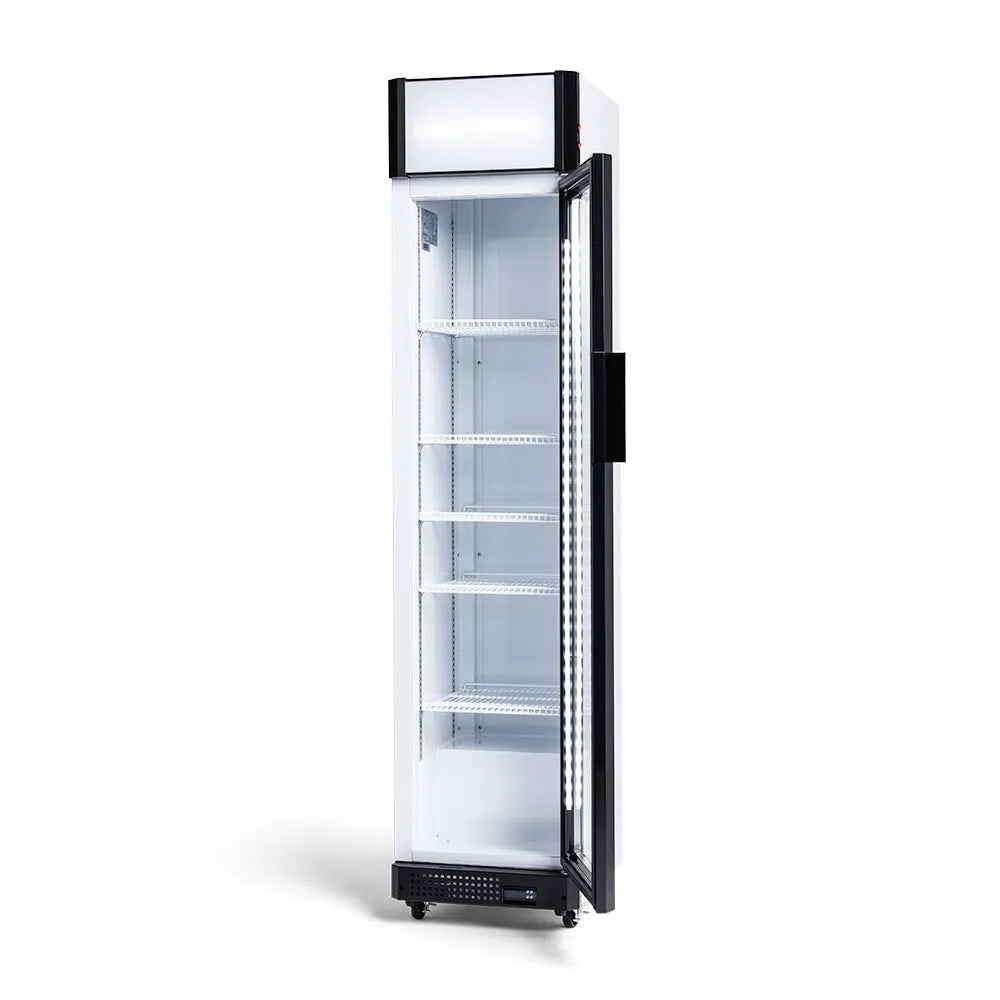 Commercial refrigerator with glass door on a white background