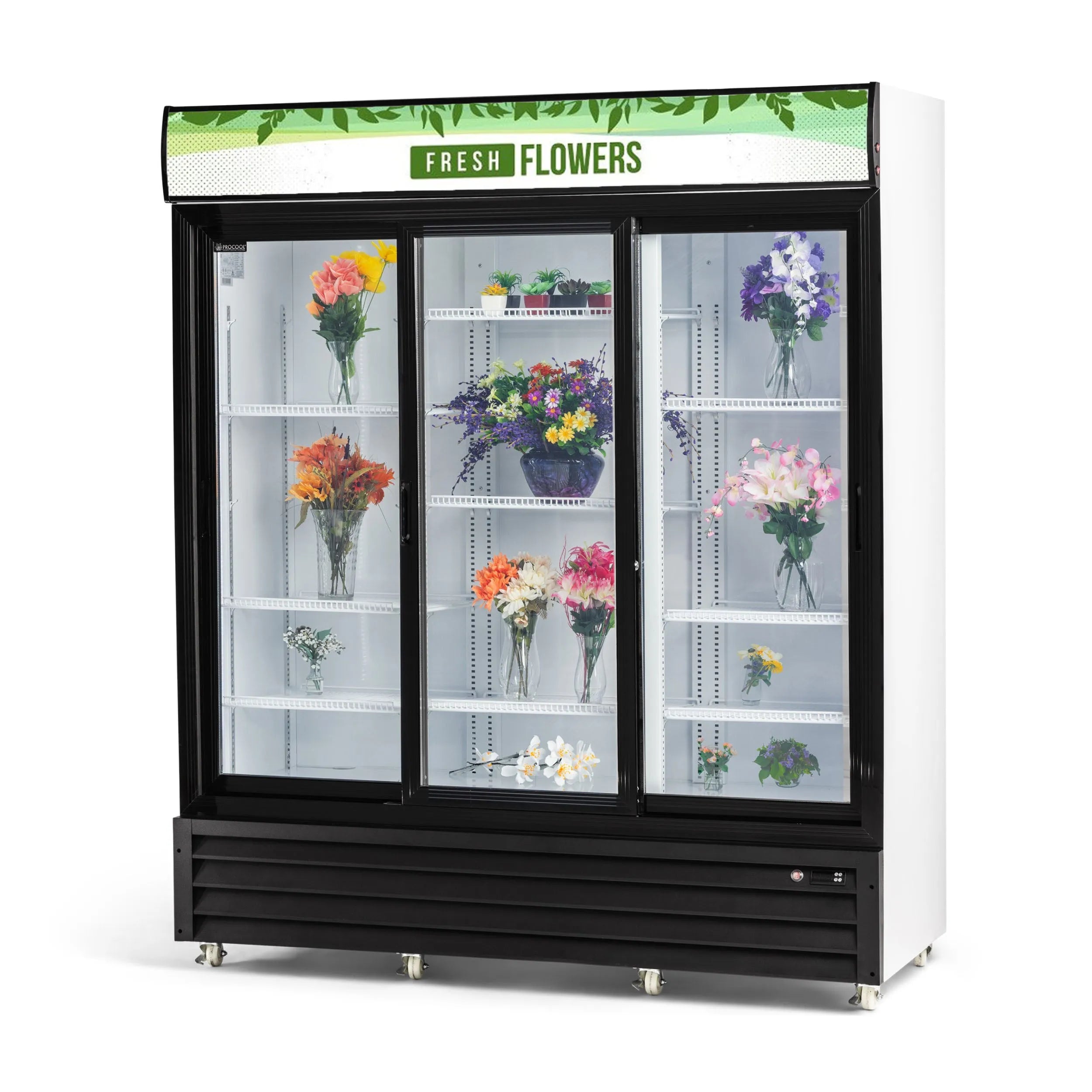 Flower display cooler with various flowers on shelves against a white background
