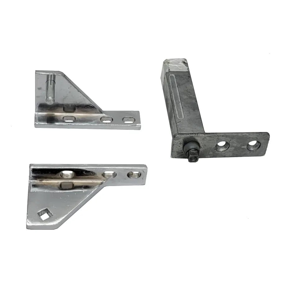 Three metal corner brackets on a white background