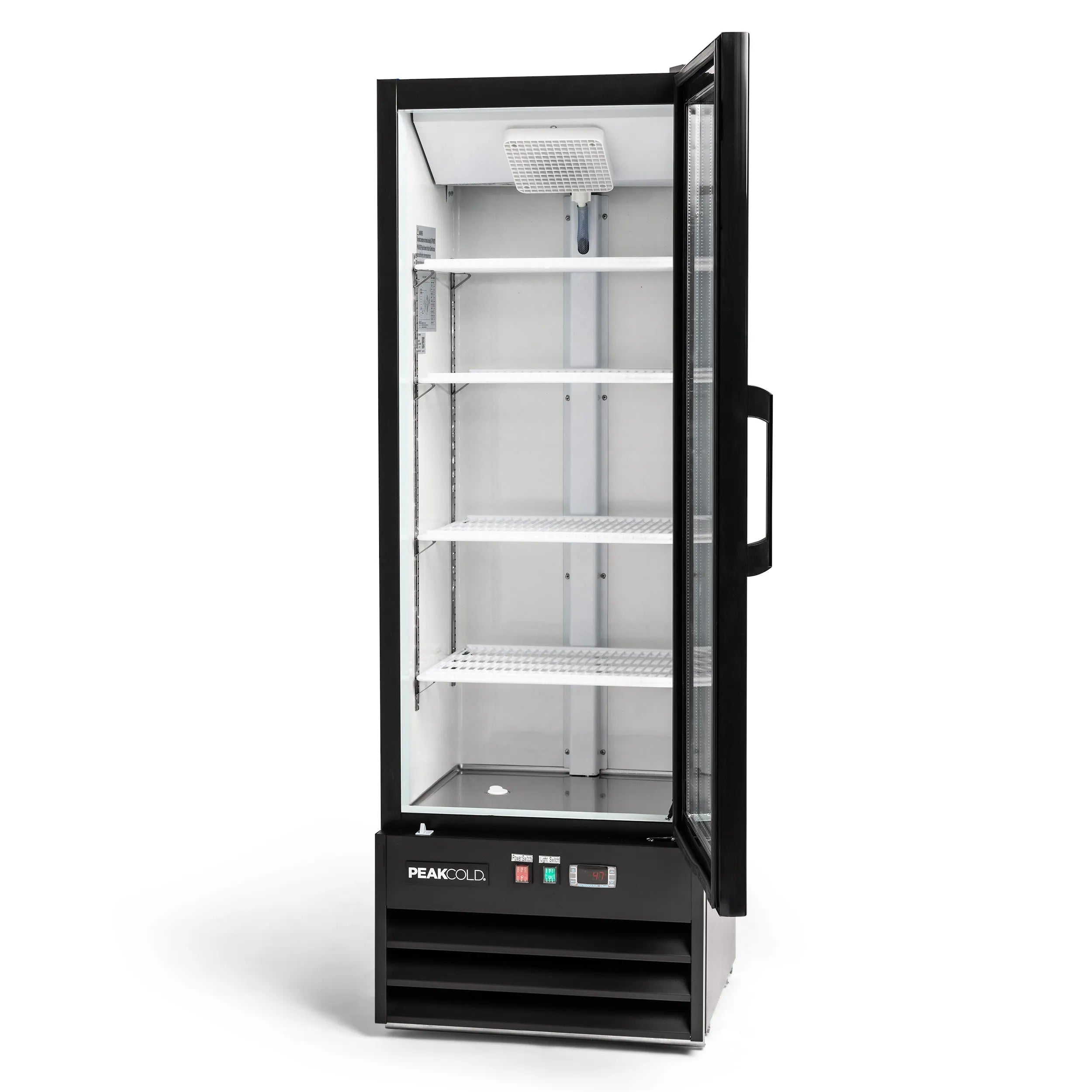 Black PeakCold display cooler with glass door on a white background