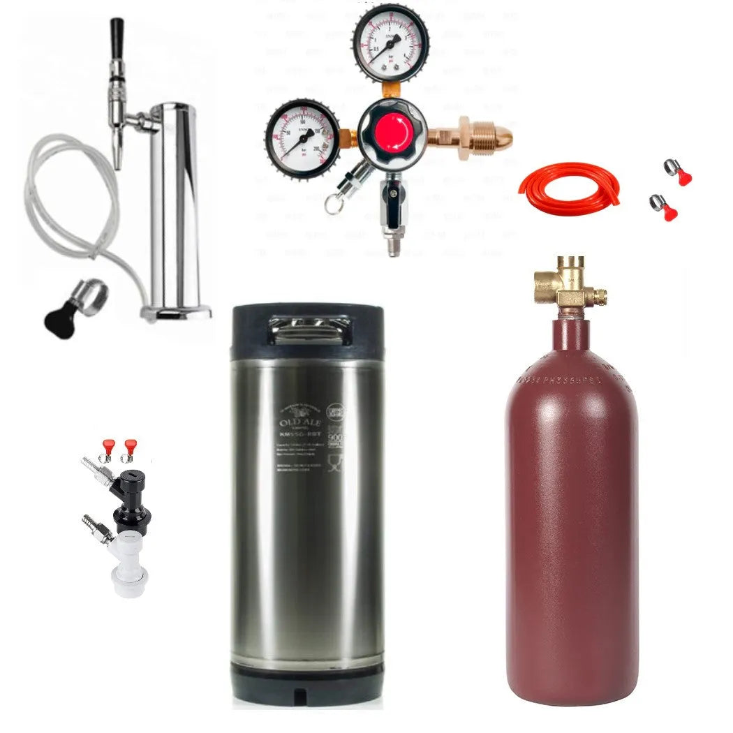 Kegerator parts including a pressure gauge, valve, and CO2 tank on a white background