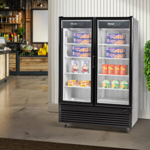 Two black glass-front beverage coolers in a kitchen setting.