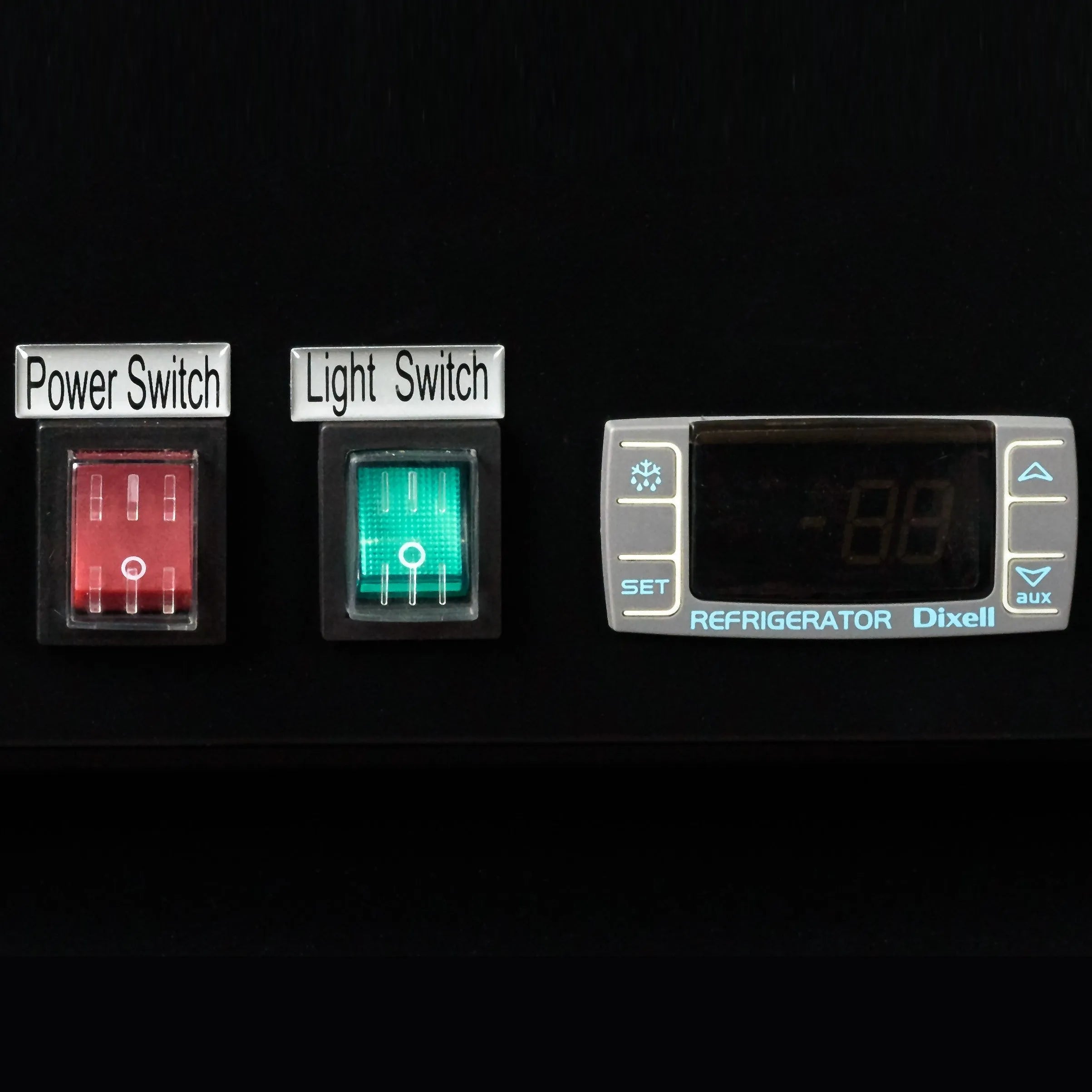 Three electronic switches labeled 'Power Switch', 'Light Switch', and a digital display on a black background.