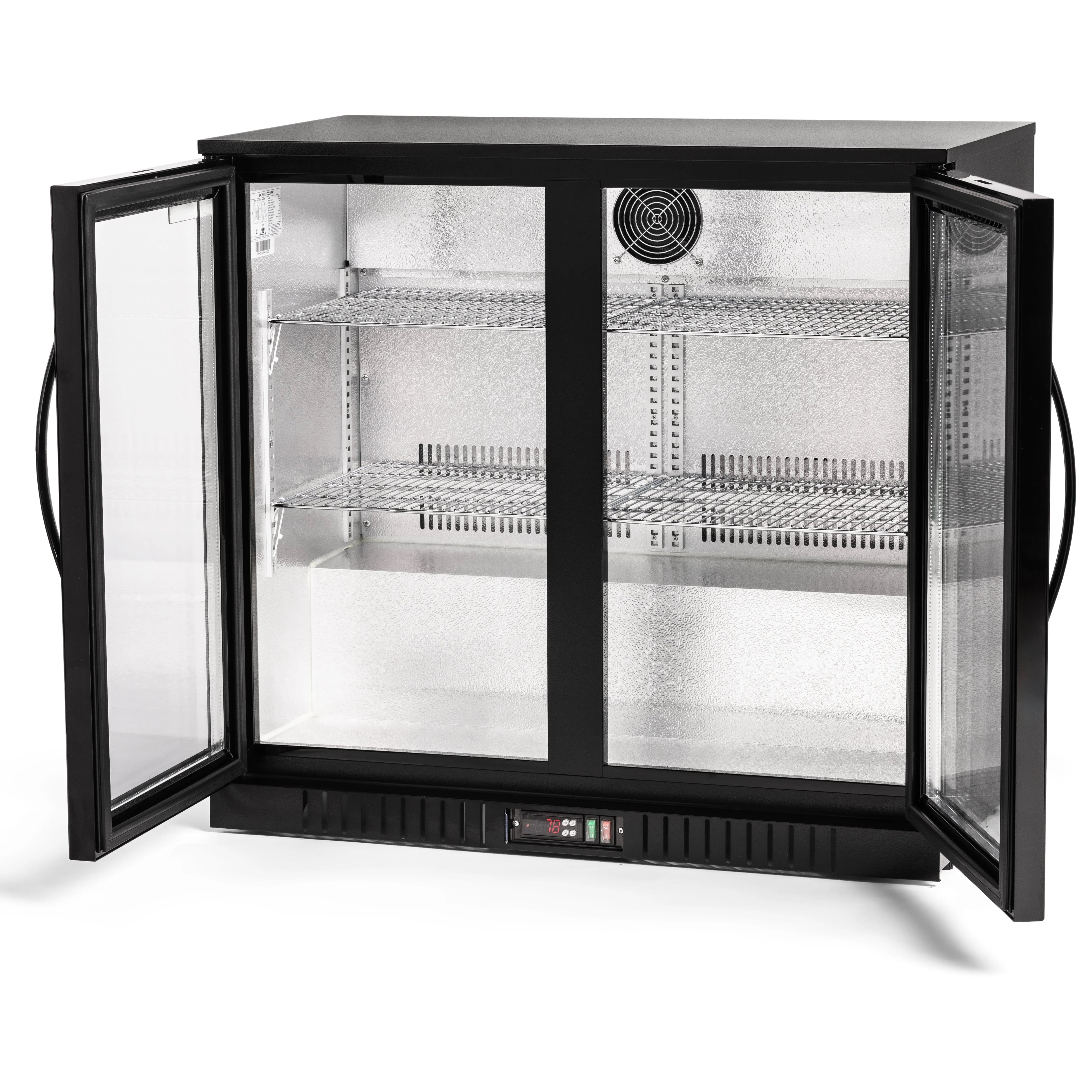 Commercial refrigerator with glass doors on a white background