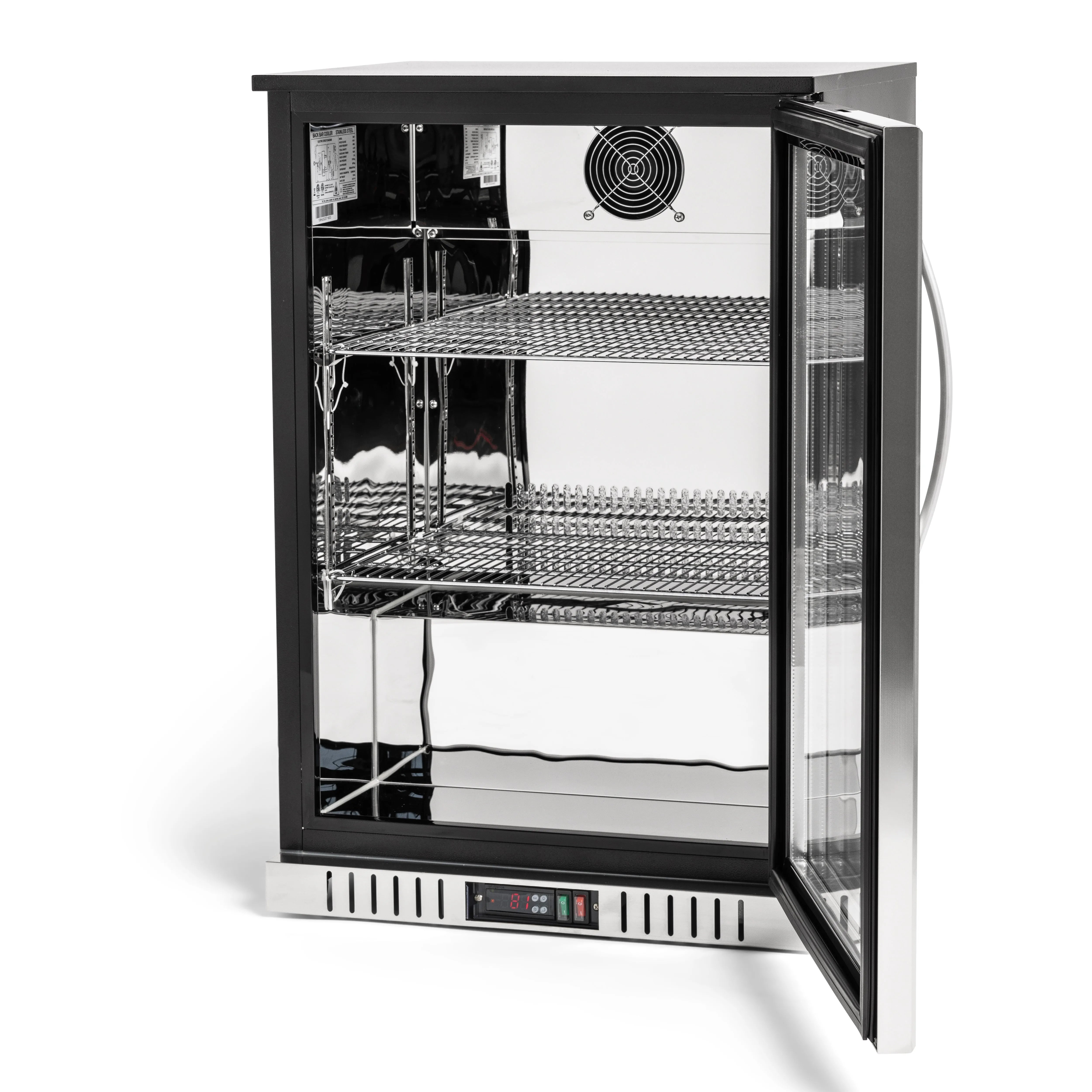 Commercial refrigerator with glass door on a white background