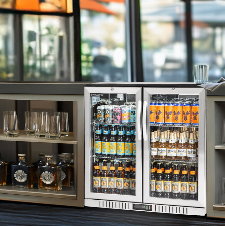 Beverage cooler with drinks on a bar counter