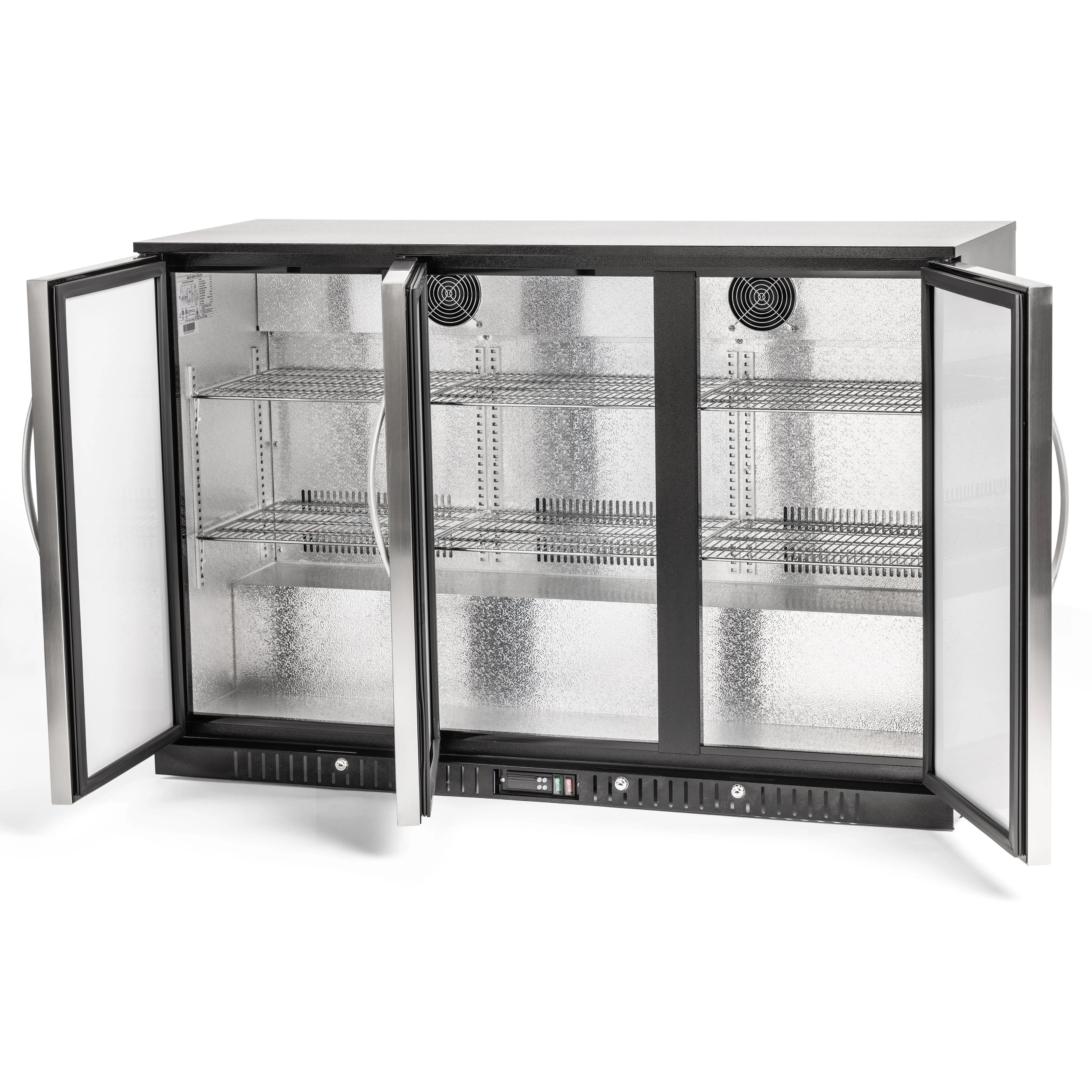 Commercial refrigerator with glass doors on a white background