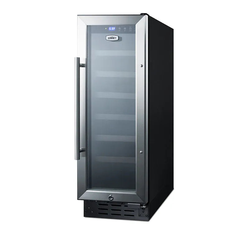 Black and silver wine cooler with glass door on a white background