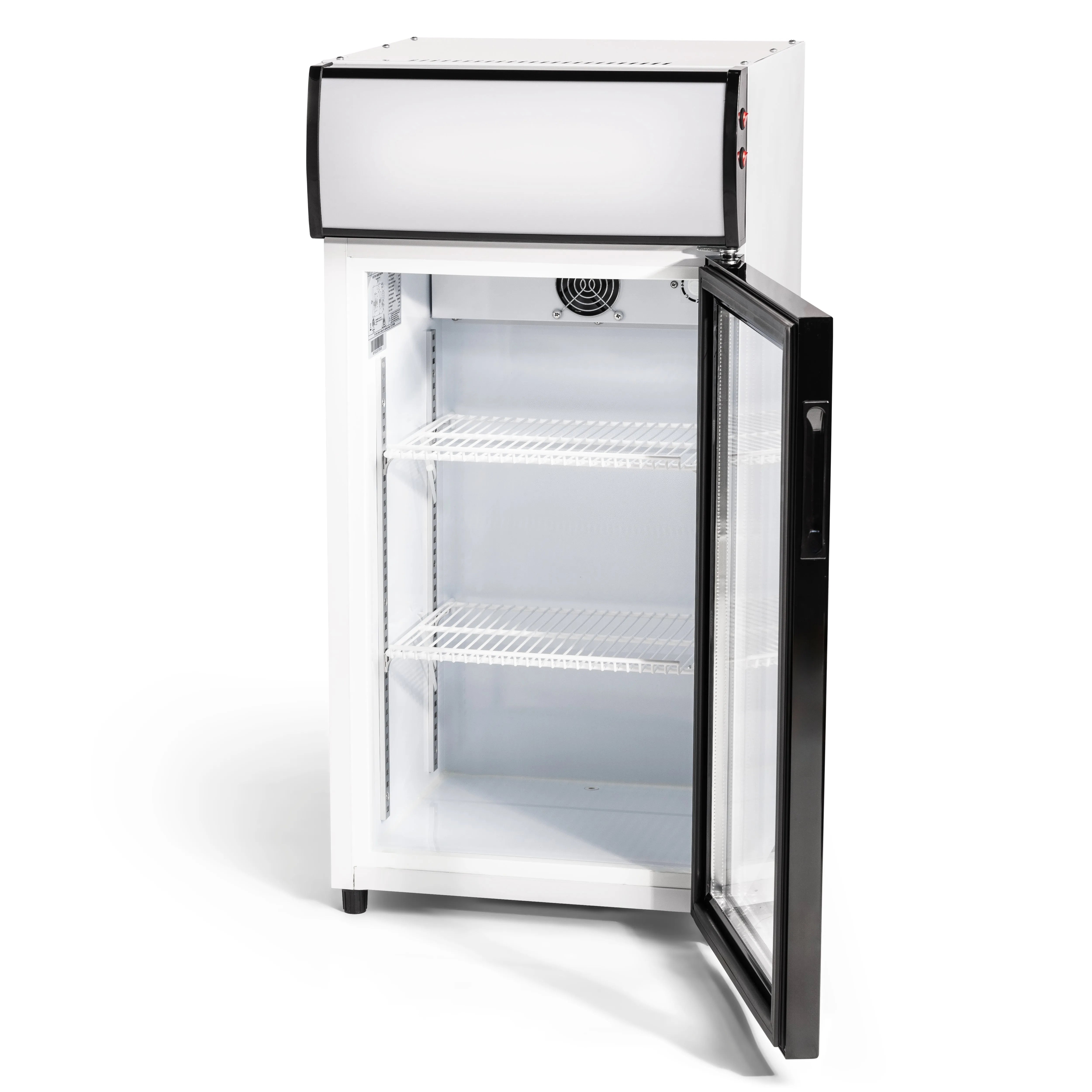 Glass-fronted refrigerator with open door on a white background