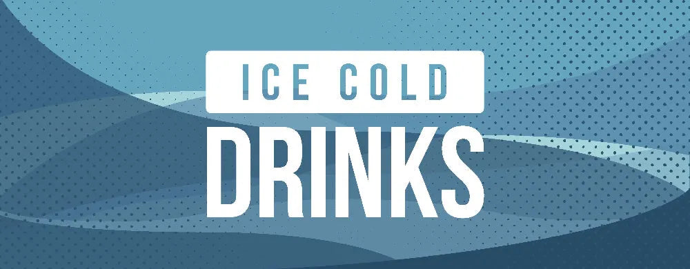 "Text 'ICE COLD DRINKS' on a blue background with abstract shapes"