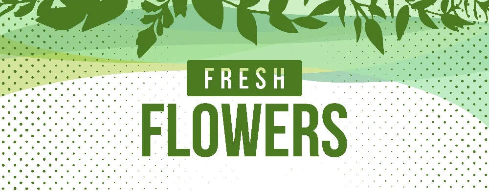 "Promotional banner with 'Fresh Flowers' text and green leaves on a light green background"