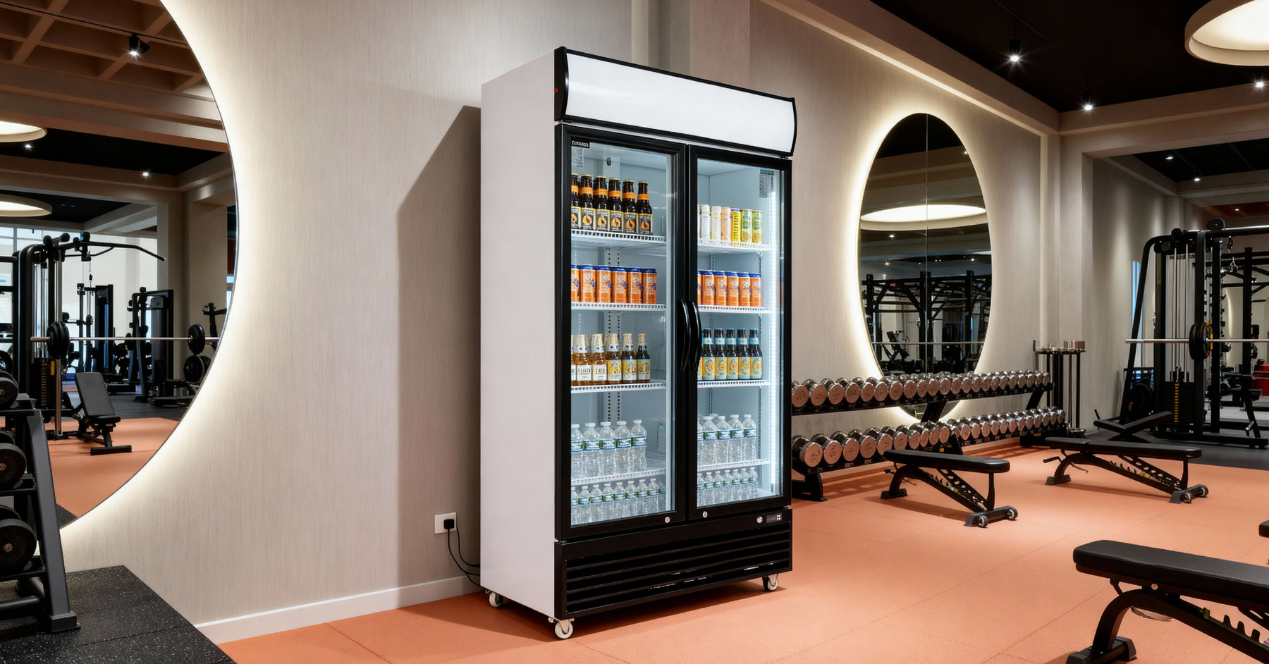Refrigerator with drinks inside in a gym setting