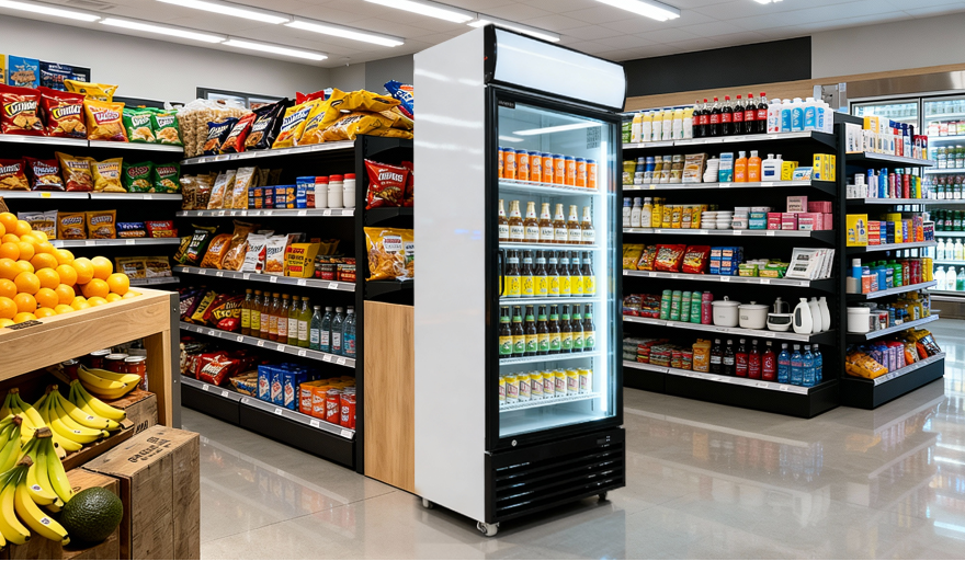 A tall white commercial glass-door refrigerator stands in a brightly lit grocery store aisle, surrounded by shelves stocked with packaged goods, beverages, and produce. A shopper walks in the background near refrigerated sections and a checkout counter.