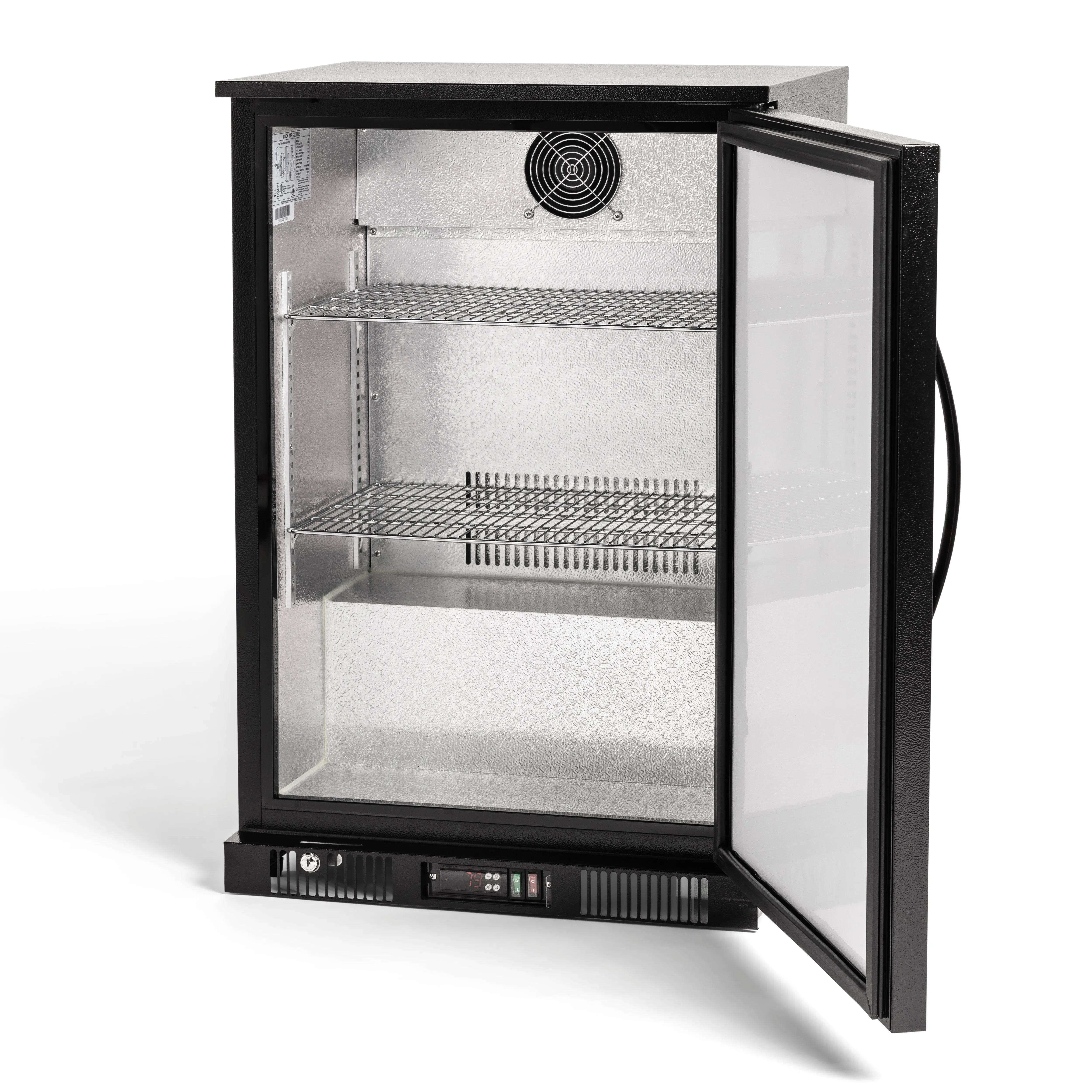 Black refrigerator with glass door on a white background