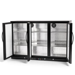 Commercial refrigerator with glass doors on a white background