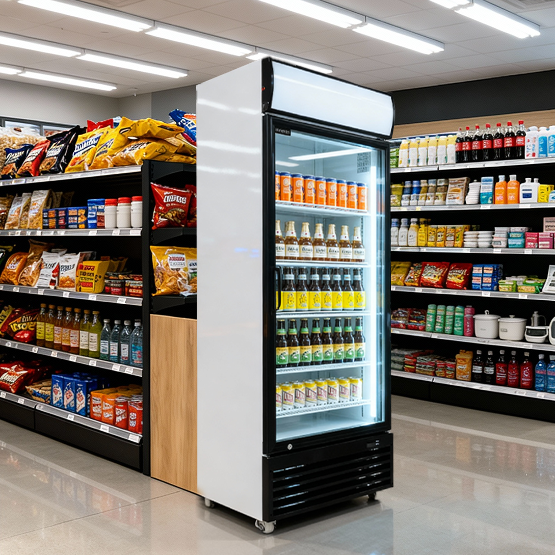 Interior of a modern grocery store with shelves stocked with products and a customer walking.