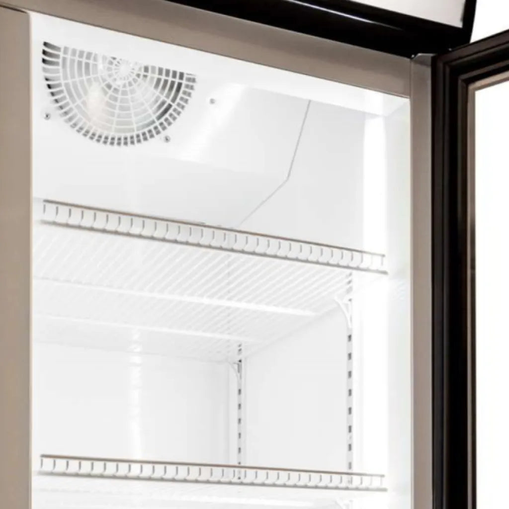 Close-up of a refrigerator door with a cooling system visible