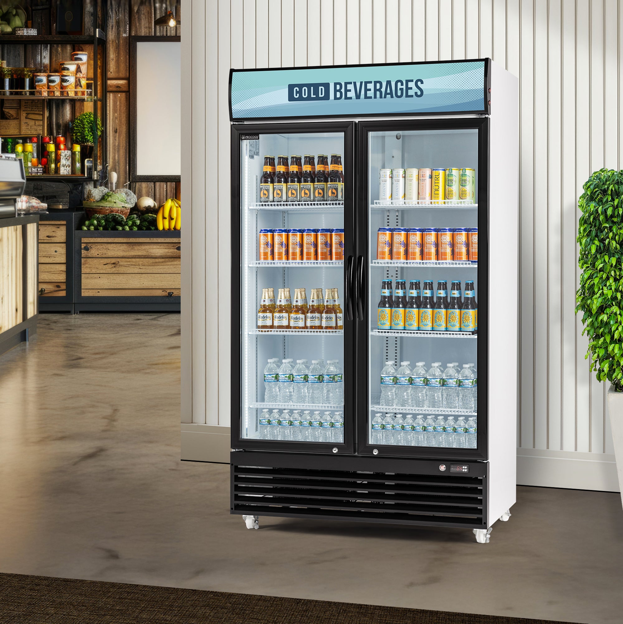 Commercial refrigerator with 'Cold Beverages' sign in a store setting