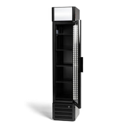 Black refrigerated display case with glass door on a white background