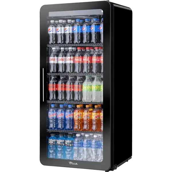 Black beverage cooler with various bottled drinks on a white background