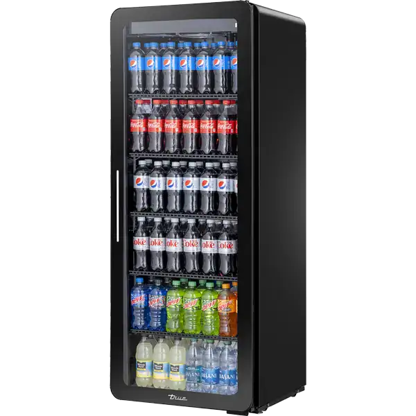 Black beverage cooler filled with various bottled drinks on a white background