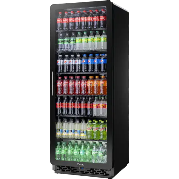 Black beverage cooler with a variety of bottled drinks on a white background