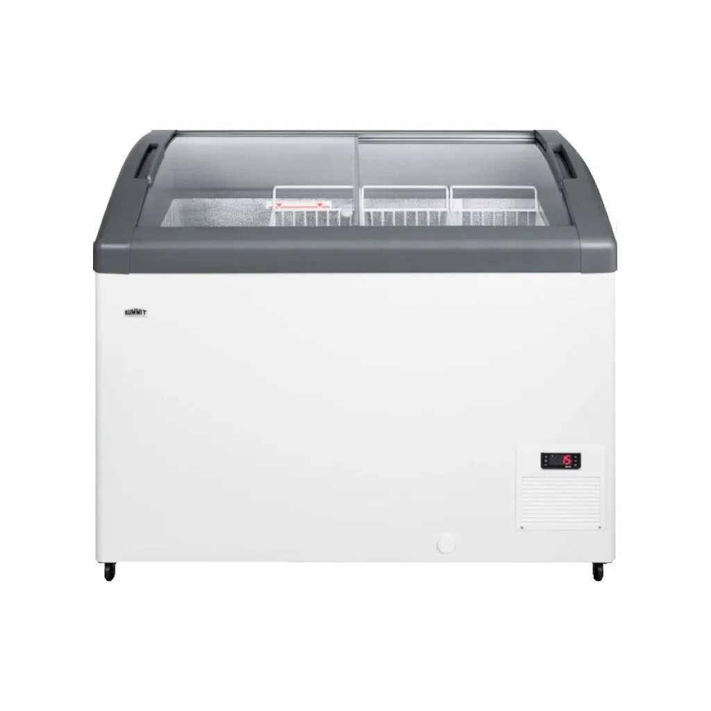 White display freezer with glass door on a white background