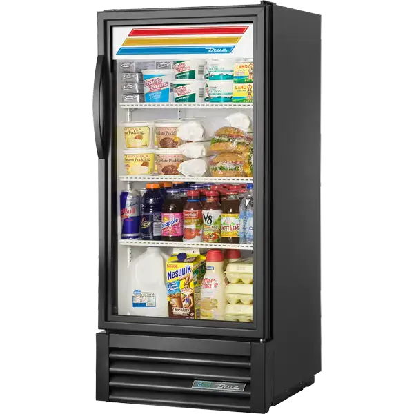 Black glass-front refrigerator displaying various food items and drinks on a white background