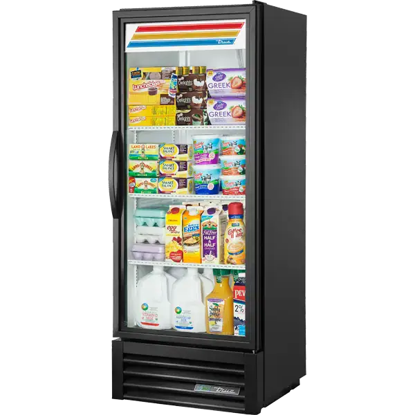 Black refrigerator with door open, displaying various food items on a white background