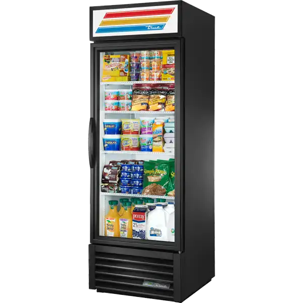 Black refrigerator with a glass door displaying various products on a white background