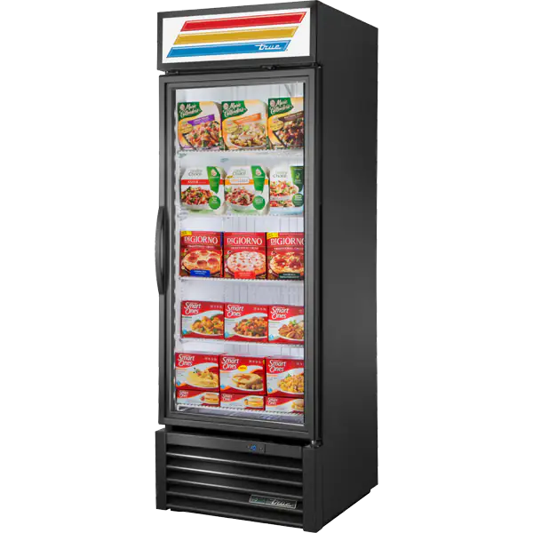 Black refrigerator with glass door displaying food items on a white background