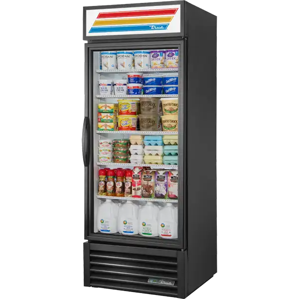 Black refrigerator with a colorful logo on top, filled with various products.