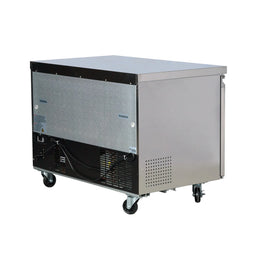 Commercial refrigerator on wheels with a metallic finish on a white background