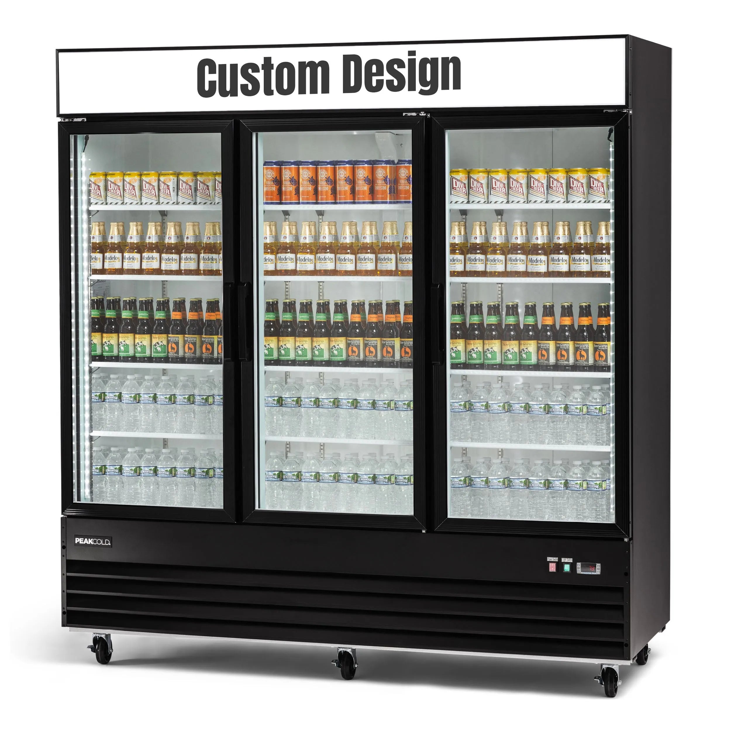 Triple-door commercial refrigerator with customizable design on a white background
