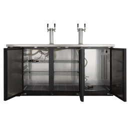 PeakCold 72-inch 3-door 4-tap commercial kegerator open interior view — stainless steel shelving and dual beer tap towers for bars