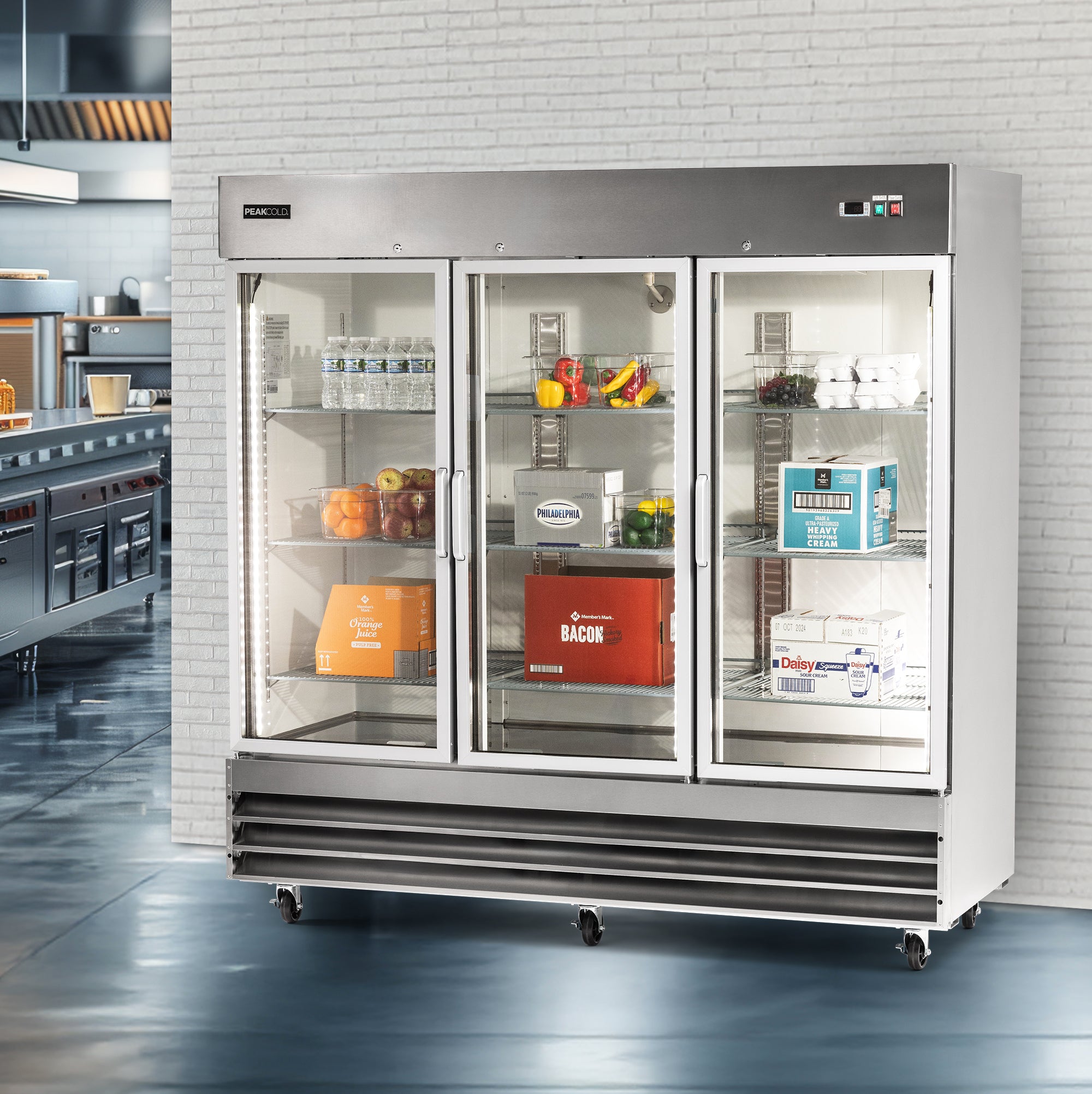 Commercial refrigerator with glass doors in a kitchen setting