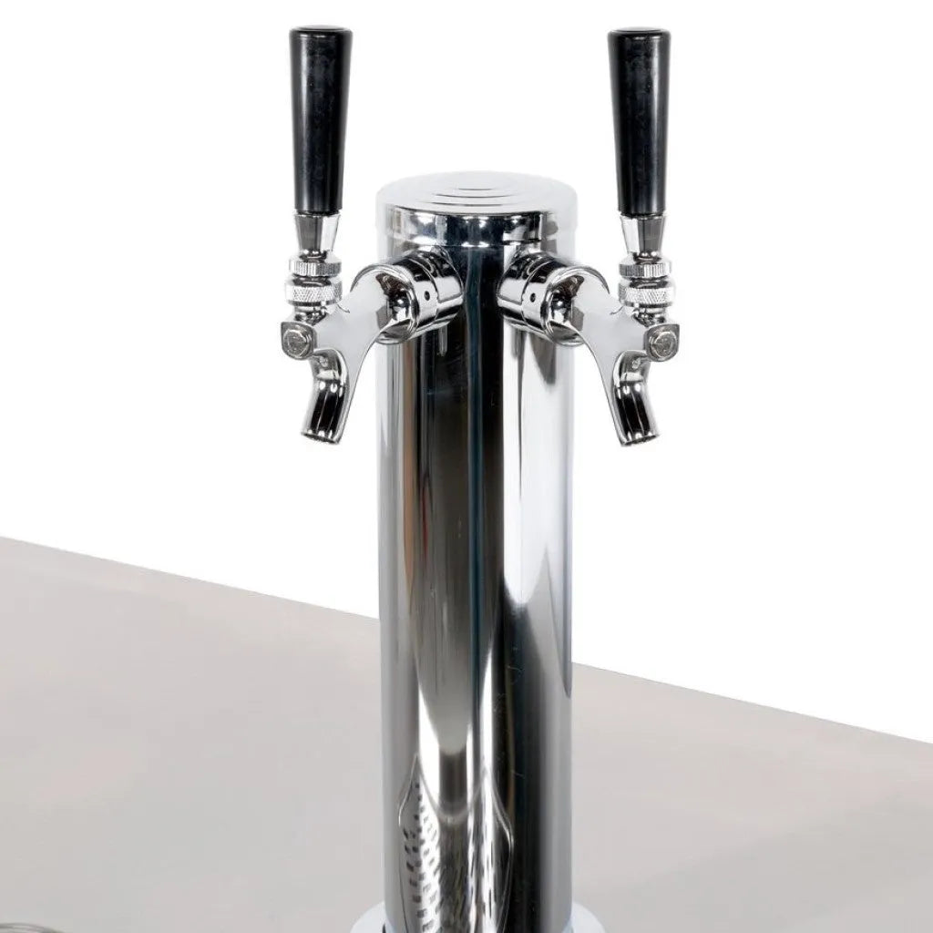 Chrome beer tap with two black handles on a white background